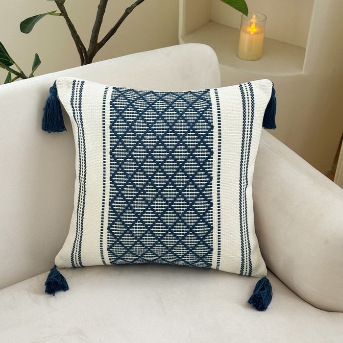 新奇异 2025新款波西米亚多菱形流苏抱枕 多菱形-深蓝