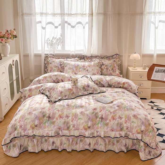 91家纺网 家纺一手货源 找家纺 尚美 2025新款法式小黑边云感四件套床盖款 彩绘蝴蝶