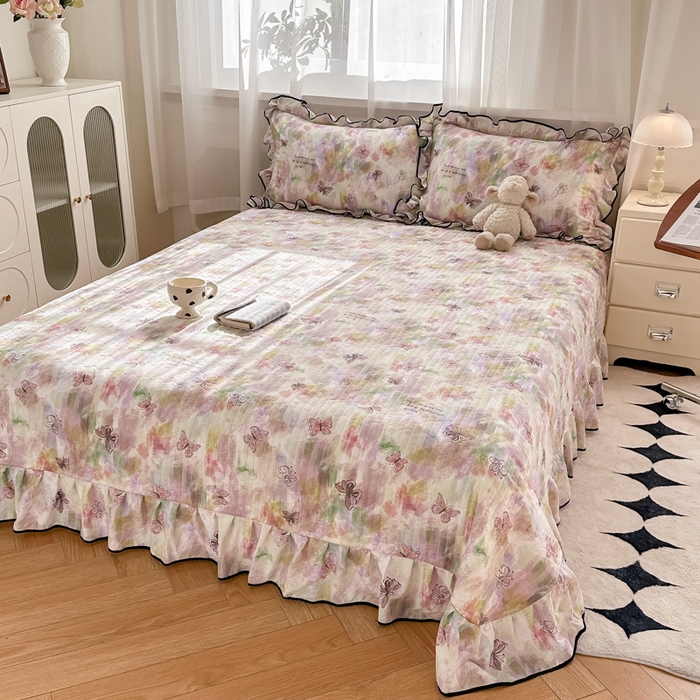 91家纺网 家纺一手货源 找家纺 尚美 2025新款法式小黑边云感四件套床盖款 彩绘蝴蝶