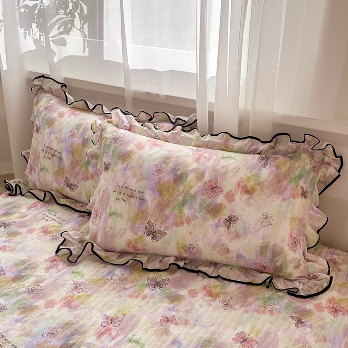 91家纺网 家纺一手货源 找家纺 尚美 2025新款法式小黑边云感四件套床盖款 彩绘蝴蝶