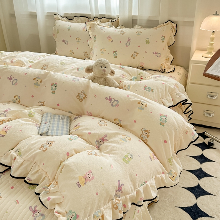 91家纺网 家纺一手货源 找家纺 尚美 2025新款法式小黑边云感四件套床盖款 动物乐园