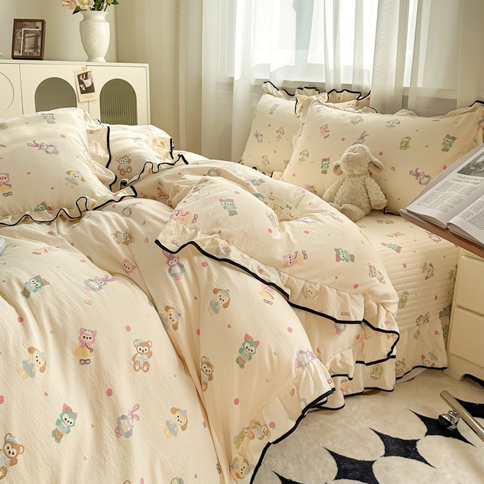 91家纺网 家纺一手货源 找家纺 尚美 2025新款法式小黑边云感四件套床盖款 动物乐园