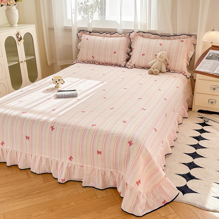 91家纺网 家纺一手货源 找家纺 尚美 2025新款法式小黑边云感四件套床盖款 粉蝴蝶结