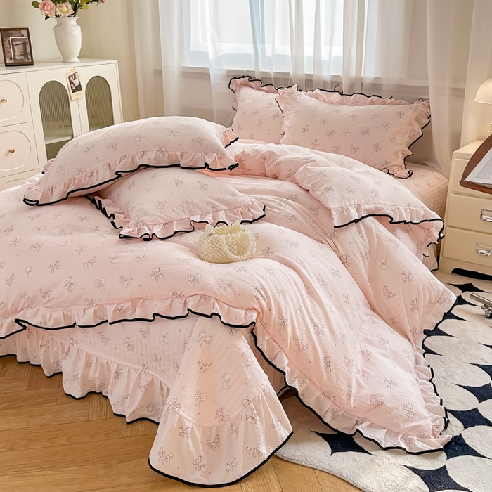 91家纺网 家纺一手货源 找家纺 尚美 2025新款法式小黑边云感四件套床盖款 蝴蝶结