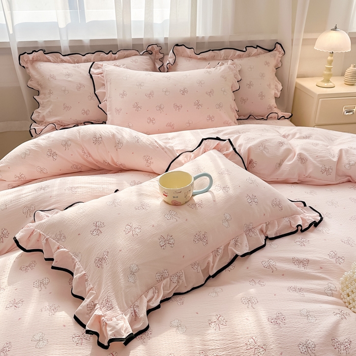 91家纺网 家纺一手货源 找家纺 尚美 2025新款法式小黑边云感四件套床盖款 蝴蝶结