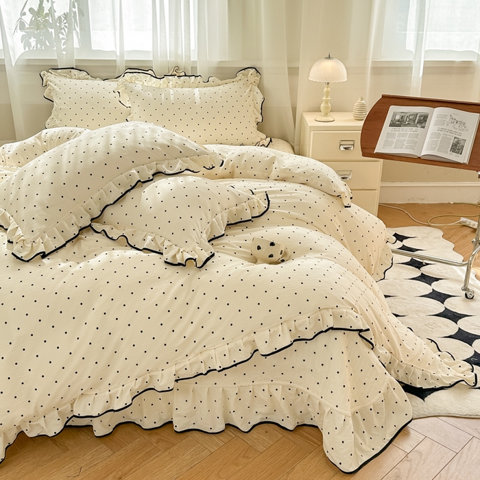 91家纺网 家纺一手货源 找家纺 尚美 2025新款法式小黑边云感四件套床盖款 米波点