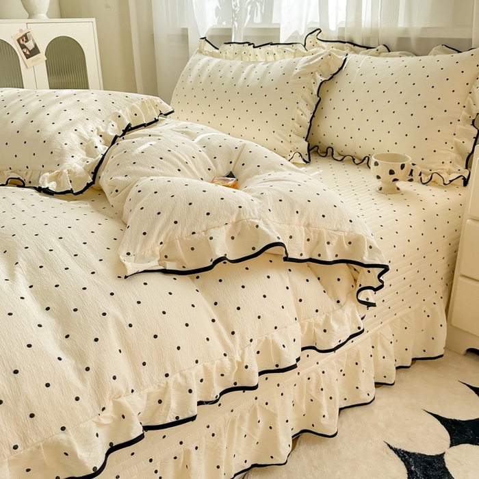 91家纺网 家纺一手货源 找家纺 尚美 2025新款法式小黑边云感四件套床盖款 米波点