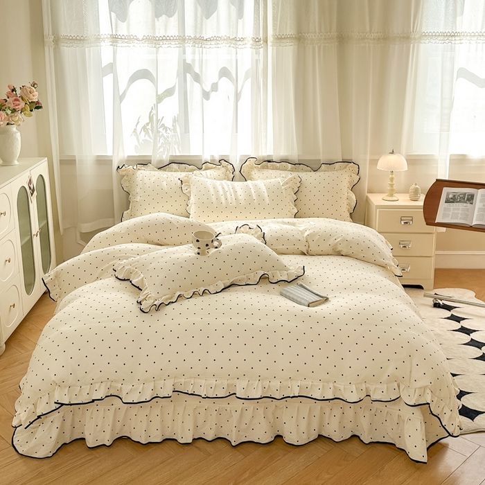 91家纺网 家纺一手货源 找家纺 尚美 2025新款法式小黑边云感四件套床盖款 米波点