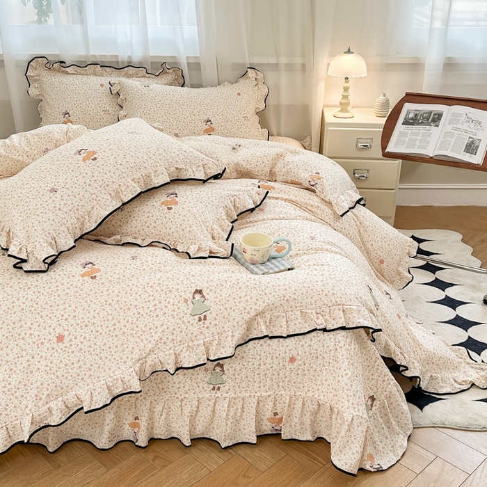 91家纺网 家纺一手货源 找家纺 尚美 2025新款法式小黑边云感四件套床盖款 小女孩