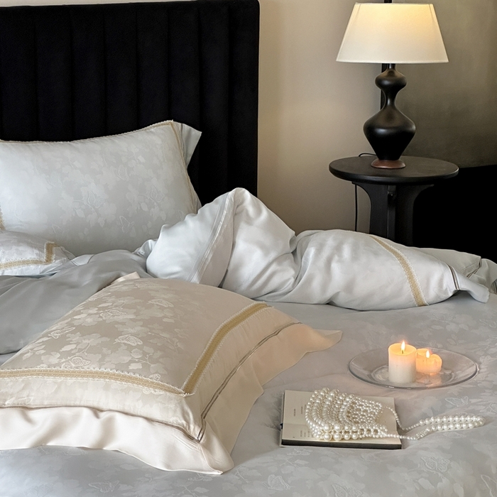 91家纺网 家纺一手货源 找家纺 MIU缪家居 2025新款100支全棉纯棉提花四件套-蝶影 雾蓝（控价388）