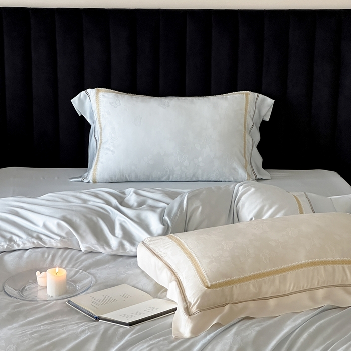 91家纺网 家纺一手货源 找家纺 MIU缪家居 2025新款100支全棉纯棉提花四件套-蝶影 雾蓝（控价388）