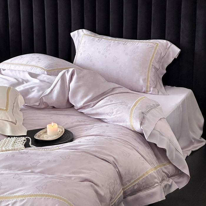 91家纺网 家纺一手货源 找家纺 MIU缪家居 2025新款100支全棉纯棉提花四件套-蝶影 烟紫（控价388）