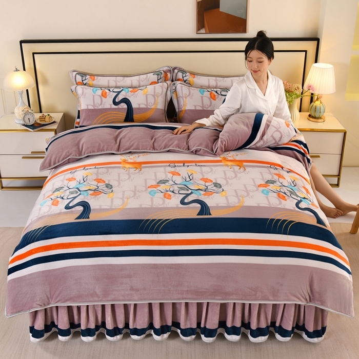 91家纺网 家纺一手货源 找家纺 望淮 2025新款230g印花金貂绒牛奶绒四件套 一鹿有你