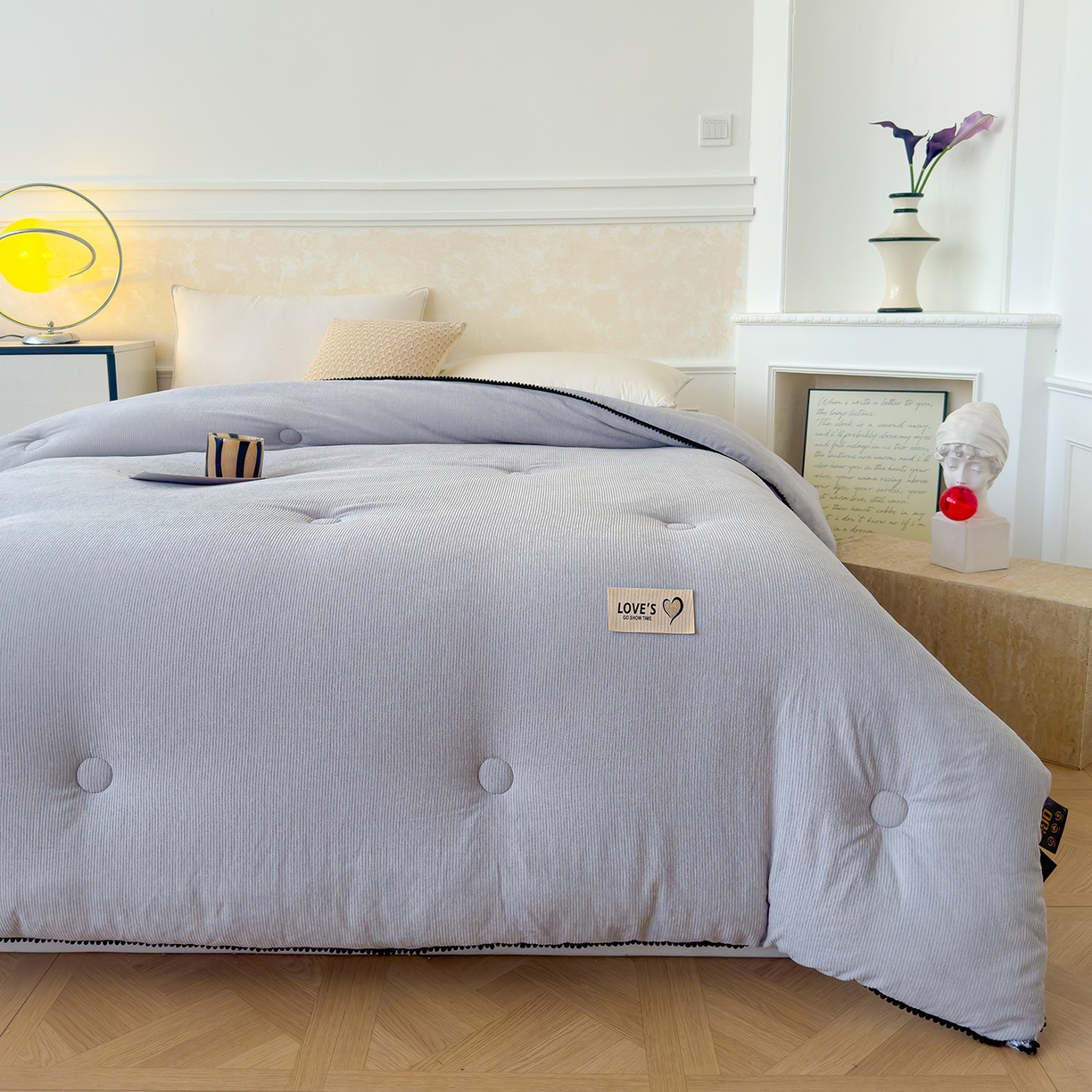 91家纺网 家纺一手货源 找家纺 蓝冰家纺 2025新款保暖雪尼绒大豆被冬被被子被芯 典雅灰