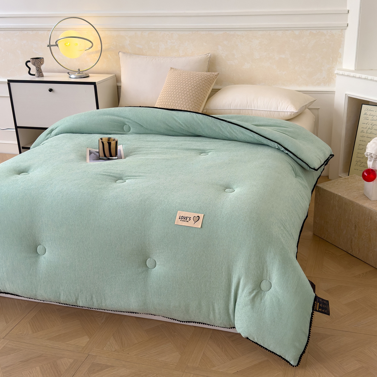 91家纺网 家纺一手货源 找家纺 蓝冰家纺 2025新款保暖雪尼绒大豆被冬被被子被芯 墨绿色