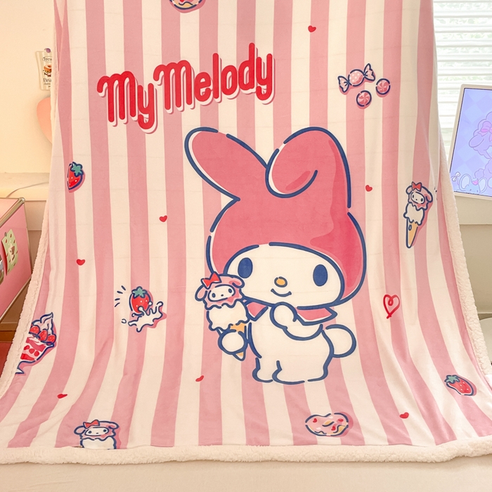 91家纺网 家纺一手货源 找家纺 金爱家 2025新款卡通多功能牛奶绒羊羔绒毛毯 羊羔绒-草莓冰淇淋美乐蒂