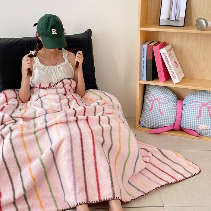 晚爱家纺（原晚安家居） 2025新款跨境暖羊绒双面绵羊绒沙发毯多功能盖毯 七彩条