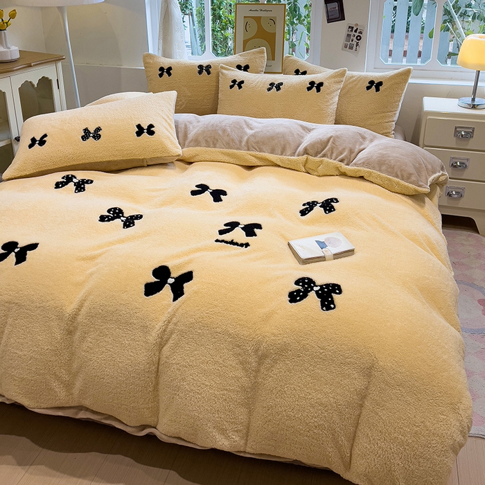 91家纺网 家纺一手货源 找家纺 金爱家 2025新款泰迪绒毛巾绣四件套 泰迪绒-蝴蝶结