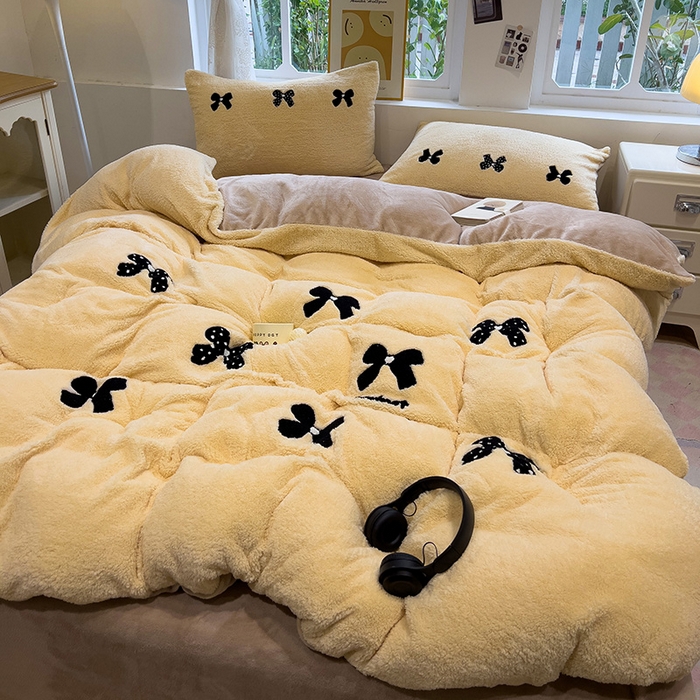 91家纺网 家纺一手货源 找家纺 金爱家 2025新款泰迪绒毛巾绣四件套 泰迪绒-蝴蝶结