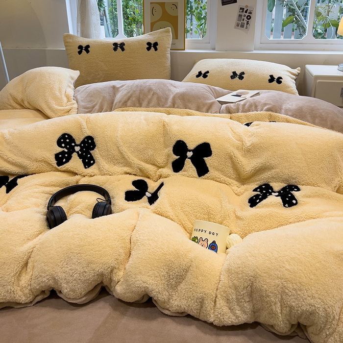 91家纺网 家纺一手货源 找家纺 金爱家 2025新款泰迪绒毛巾绣四件套 泰迪绒-蝴蝶结