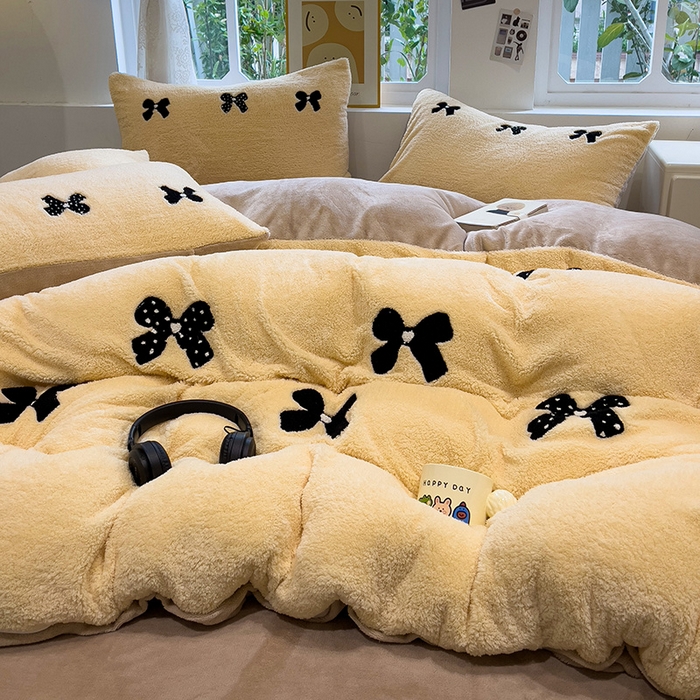 91家纺网 家纺一手货源 找家纺 金爱家 2025新款泰迪绒毛巾绣四件套 泰迪绒-蝴蝶结