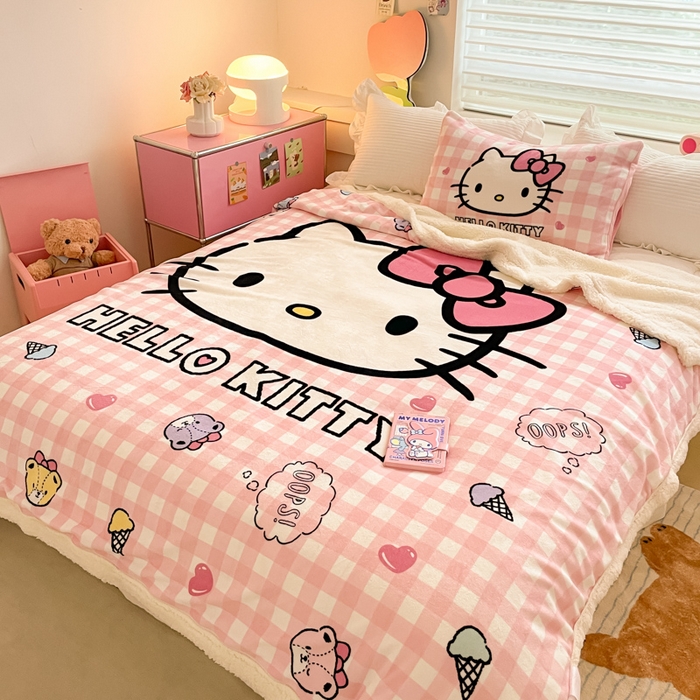 91家纺网 家纺一手货源 找家纺 金爱家 2025新款卡通多功能牛奶绒羊羔绒毛毯 羊羔绒-粉格香香kt