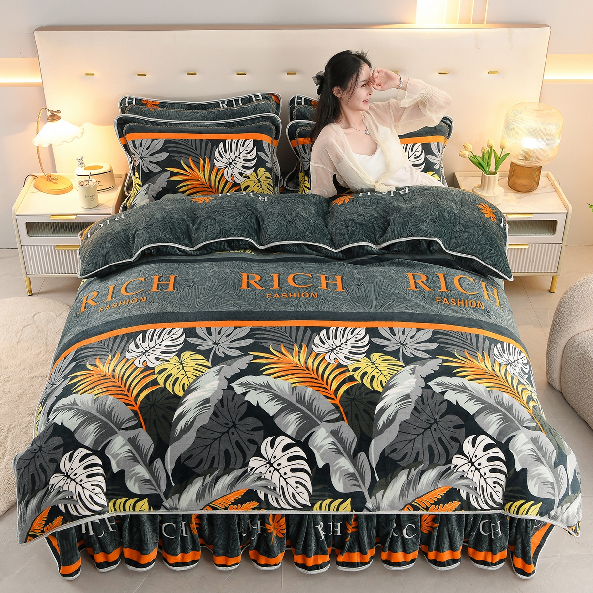 91家纺网 家纺一手货源 找家纺 贝诗梦 2025直播8.5斤高克重牛奶绒金貂法莱绒保暖四件套 长安富贵