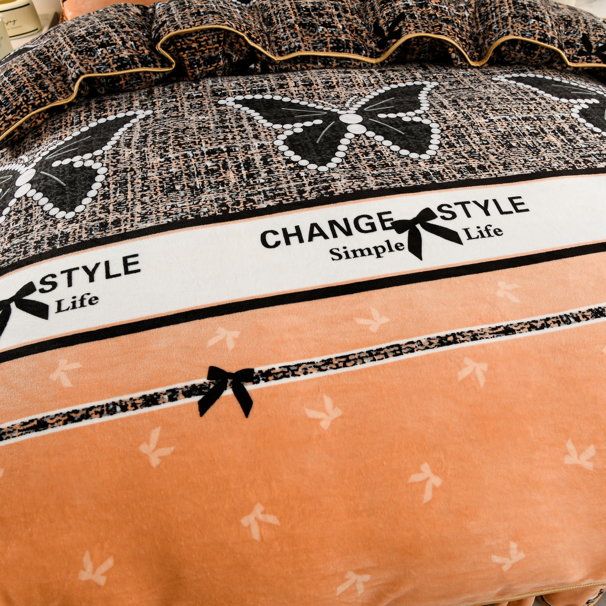 91家纺网 家纺一手货源 找家纺 贝诗梦 2025直播8.5斤高克重牛奶绒金貂法莱绒保暖四件套 蝴蝶结