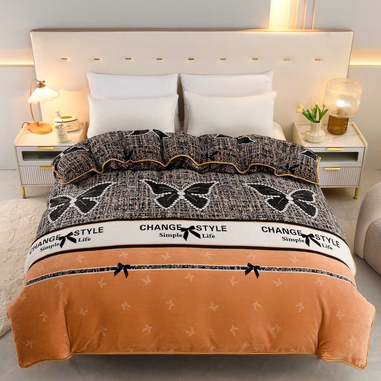 91家纺网 家纺一手货源 找家纺 贝诗梦 2025直播8.5斤高克重牛奶绒金貂法莱绒保暖四件套 蝴蝶结