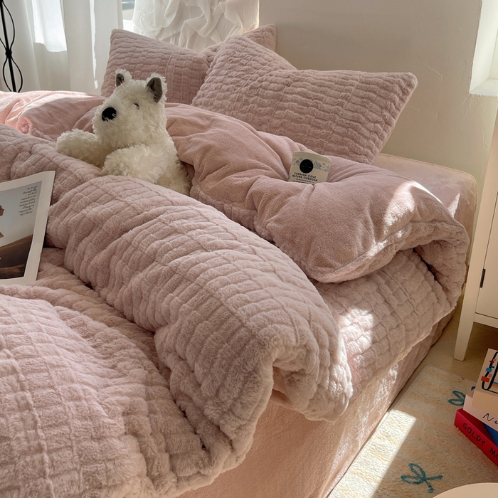 金爱家 2025新款全消光牛奶绒A类纯色獭兔毛绒立体牛奶绒四件套 蜜桃粉