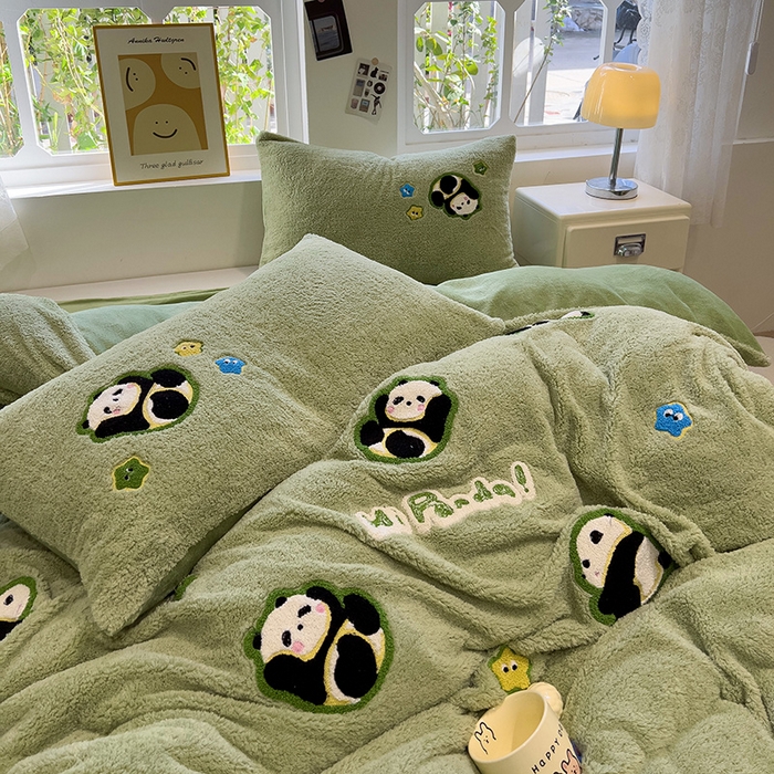 91家纺网 家纺一手货源 找家纺 金爱家 2025新款泰迪绒毛巾绣四件套 泰迪绒-熊猫宝贝