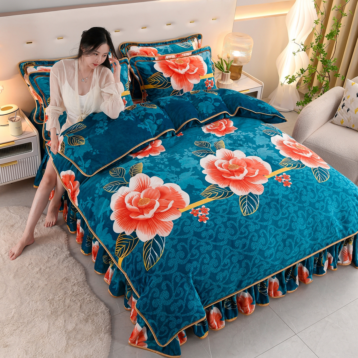 91家纺网 家纺一手货源 找家纺 贝诗梦 2025直播8.5斤高克重牛奶绒金貂法莱绒保暖四件套 繁花似锦