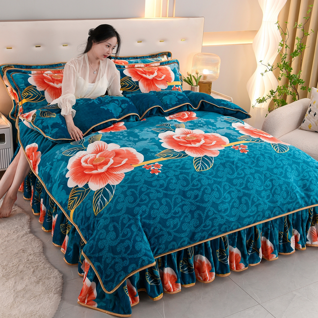 贝诗梦 2025直播8.5斤高克重牛奶绒金貂法莱绒保暖四件套 繁花似锦