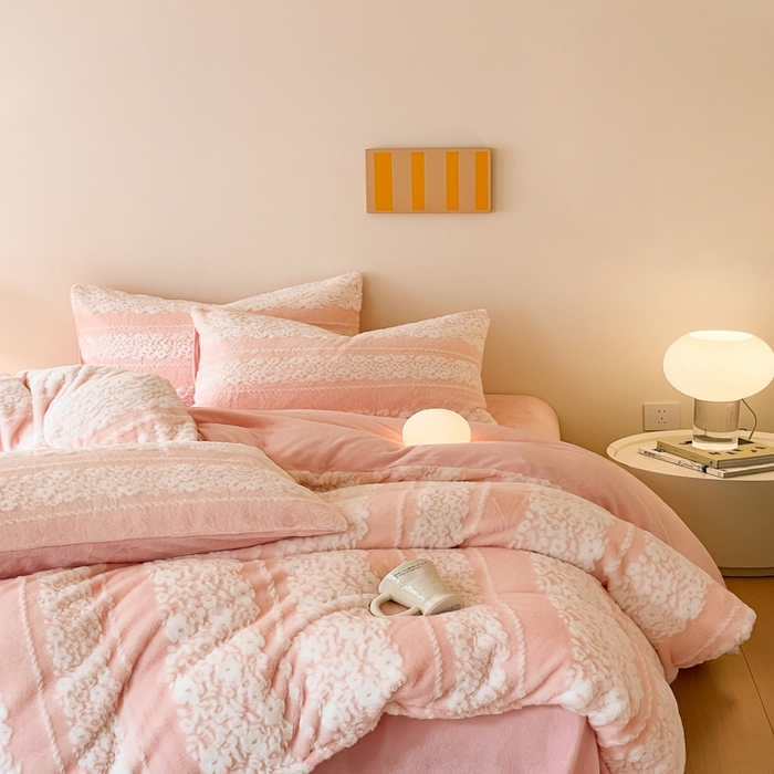 91家纺网 家纺一手货源 找家纺 金爱家 2025新款全消光牛奶绒A类纯色獭兔毛绒立体牛奶绒四件套 兔毛百合花粉色