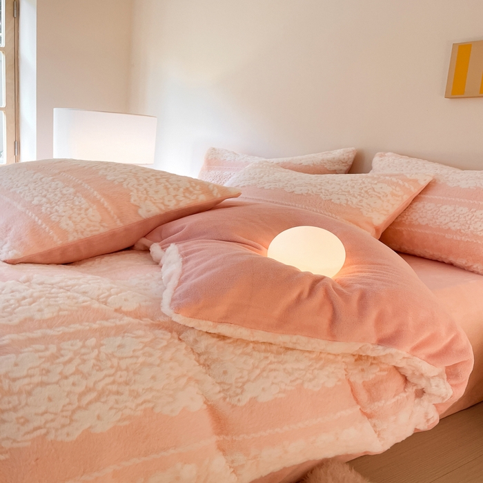 91家纺网 家纺一手货源 找家纺 金爱家 2025新款全消光牛奶绒A类纯色獭兔毛绒立体牛奶绒四件套 兔毛百合花粉色