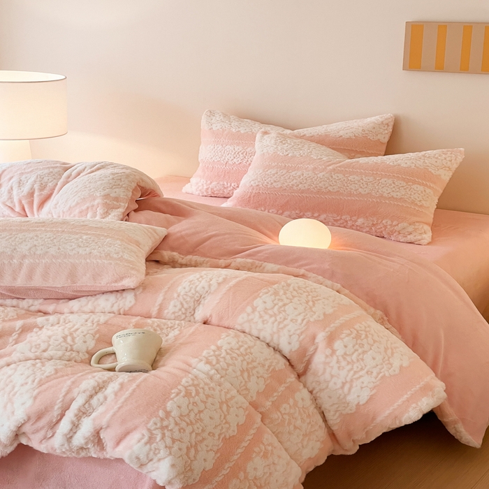 91家纺网 家纺一手货源 找家纺 金爱家 2025新款全消光牛奶绒A类纯色獭兔毛绒立体牛奶绒四件套 兔毛百合花粉色