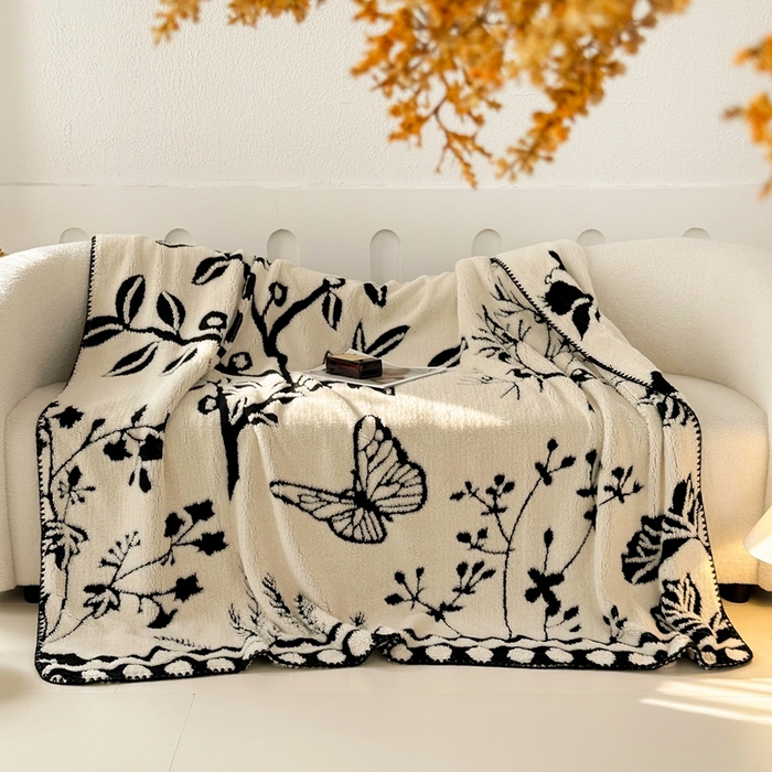 91家纺网 家纺一手货源 找家纺 晚爱家纺（原晚安家居） 2025新款跨境多功能盖毯沙发毯双面印花舒棉绒毛毯 蝴蝶树
