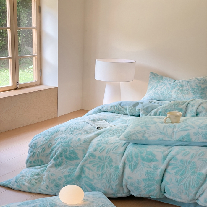 91家纺网 家纺一手货源 找家纺 金爱家 2025新款全消光牛奶绒A类纯色獭兔毛绒立体牛奶绒四件套 兔毛繁花绿色