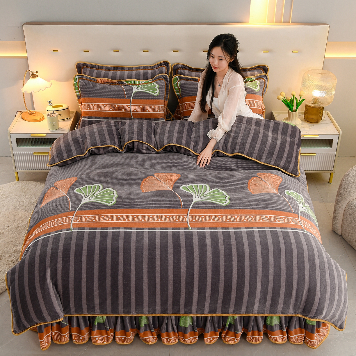 91家纺网 家纺一手货源 找家纺 贝诗梦 2025直播8.5斤高克重牛奶绒金貂法莱绒保暖四件套 一叶知秋