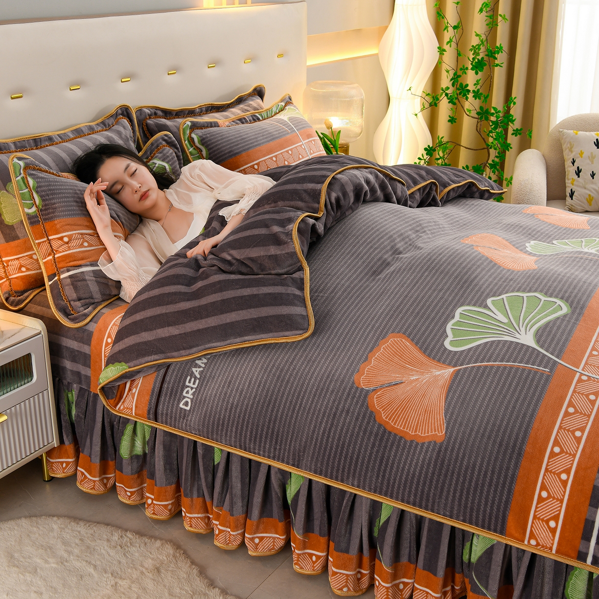 91家纺网 家纺一手货源 找家纺 贝诗梦 2025直播8.5斤高克重牛奶绒金貂法莱绒保暖四件套 一叶知秋