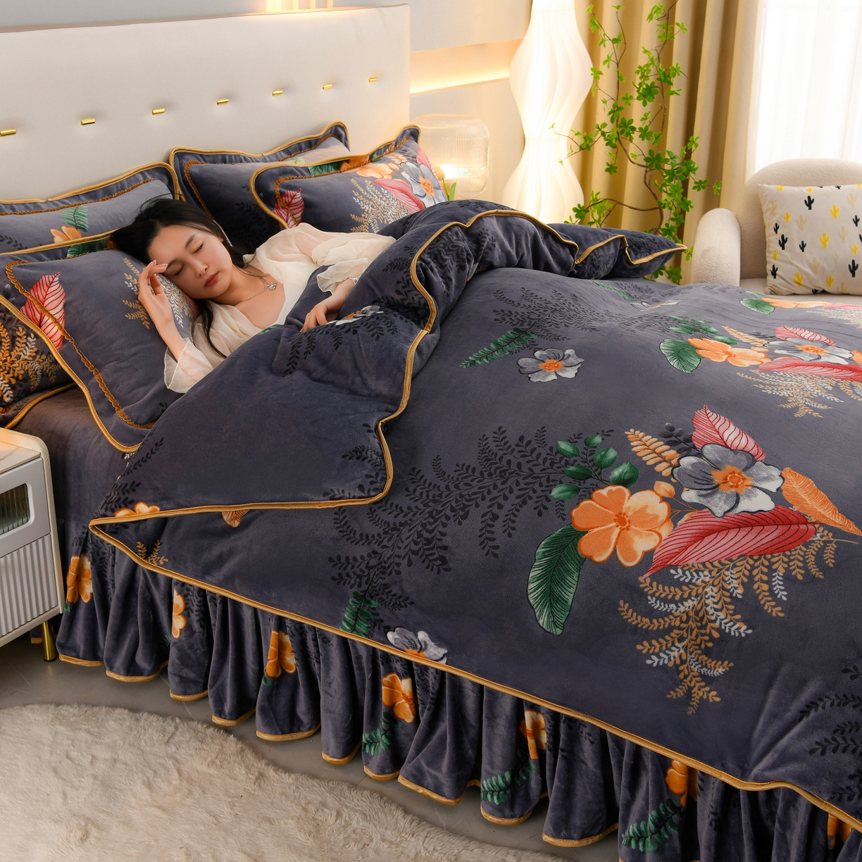 91家纺网 家纺一手货源 找家纺 贝诗梦 2025直播8.5斤高克重牛奶绒金貂法莱绒保暖四件套 盛宴花开