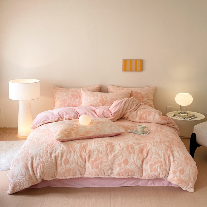 91家纺网 家纺一手货源 找家纺 金爱家 2025新款全消光牛奶绒A类纯色獭兔毛绒立体牛奶绒四件套 兔毛罗蒂曼玉色