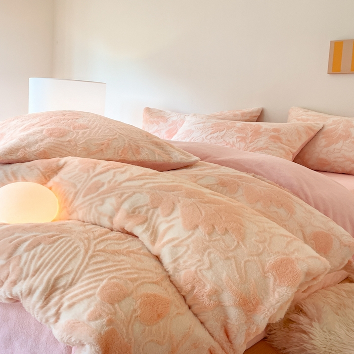 91家纺网 家纺一手货源 找家纺 金爱家 2025新款全消光牛奶绒A类纯色獭兔毛绒立体牛奶绒四件套 兔毛罗蒂曼玉色