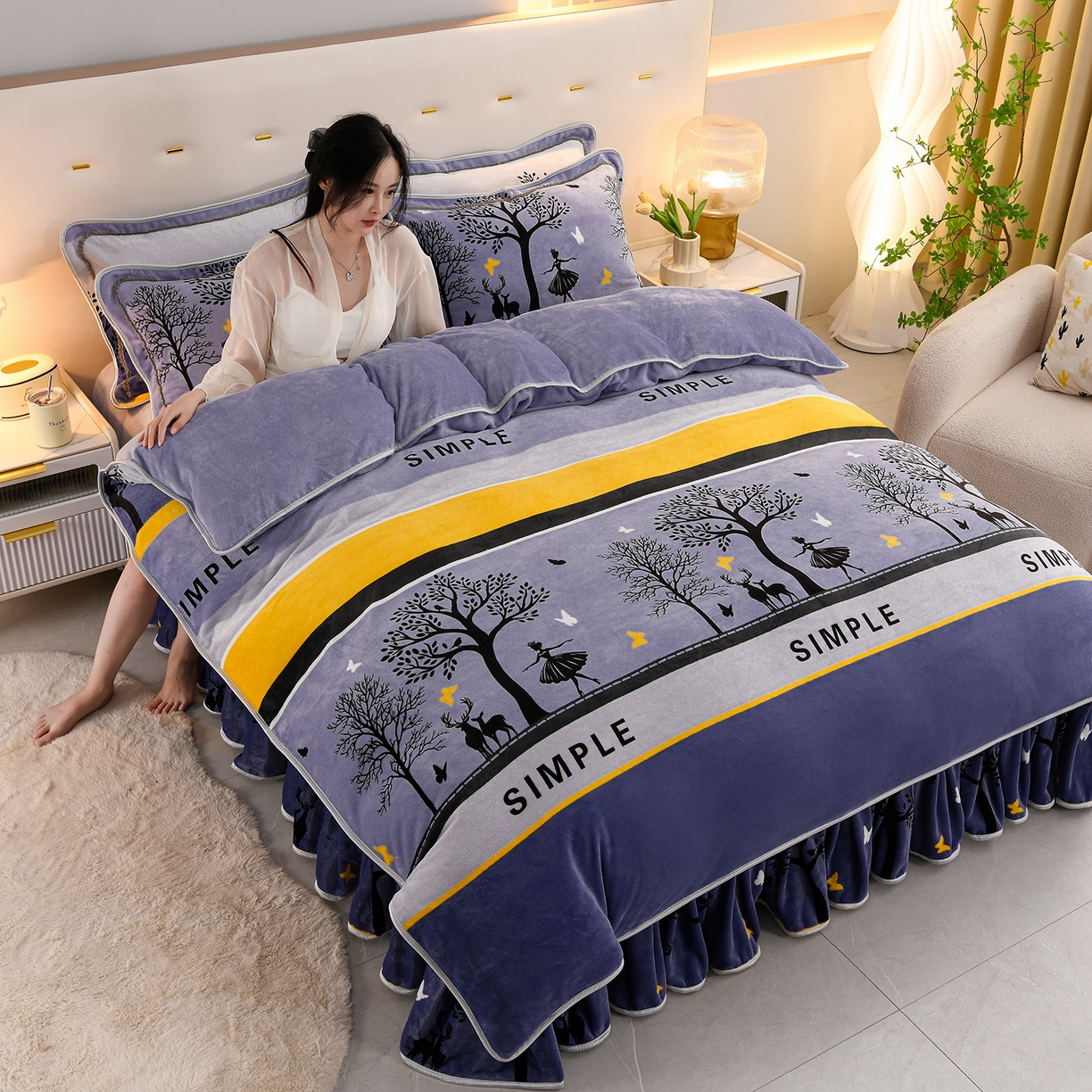 91家纺网 家纺一手货源 找家纺 贝诗梦 2025直播8.5斤高克重牛奶绒金貂法莱绒保暖四件套 发财树