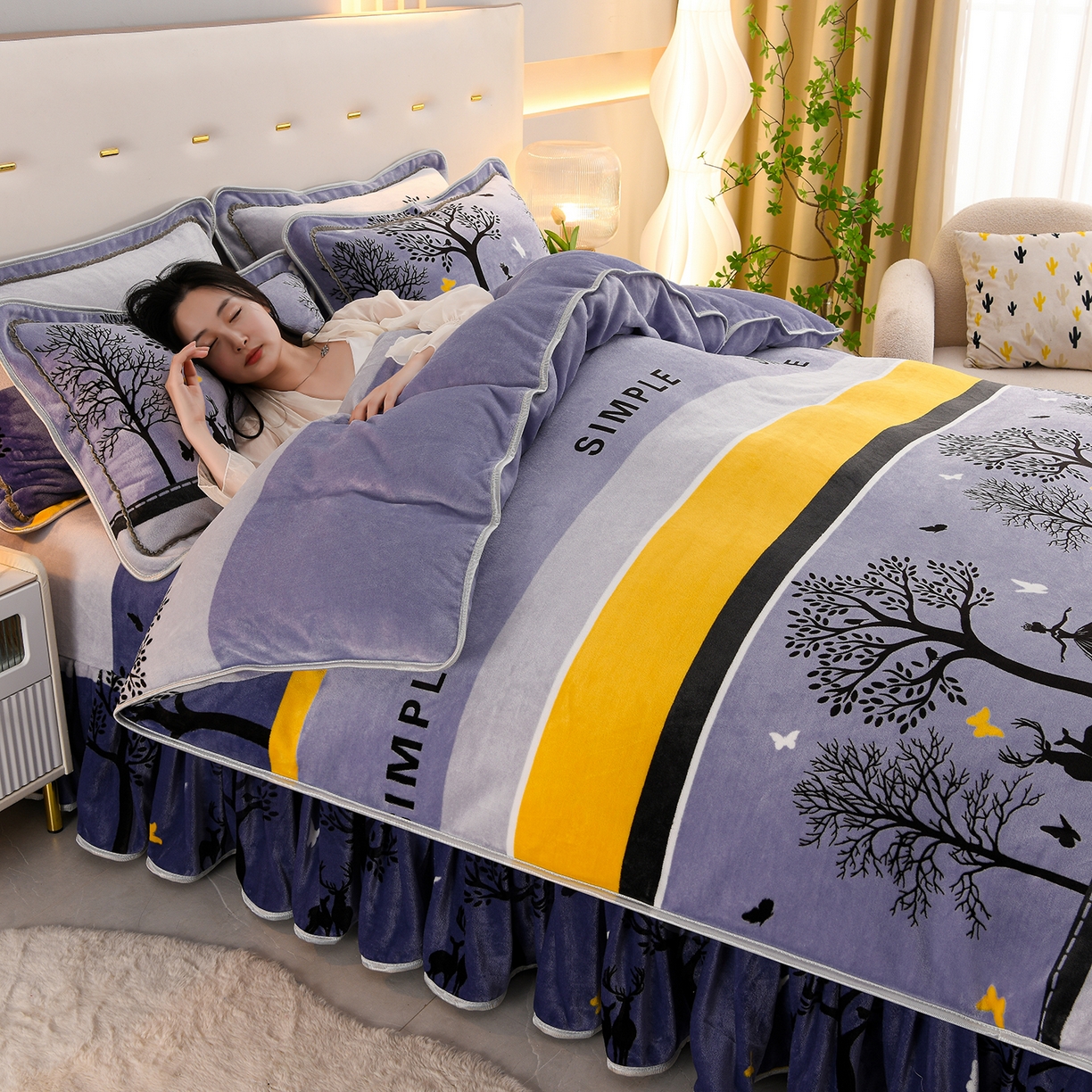 91家纺网 家纺一手货源 找家纺 贝诗梦 2025直播8.5斤高克重牛奶绒金貂法莱绒保暖四件套 发财树