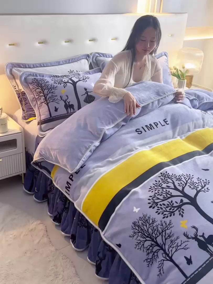 91家纺网 家纺一手货源 找家纺 贝诗梦 2025直播8.5斤高克重牛奶绒金貂法莱绒保暖四件套 发财树