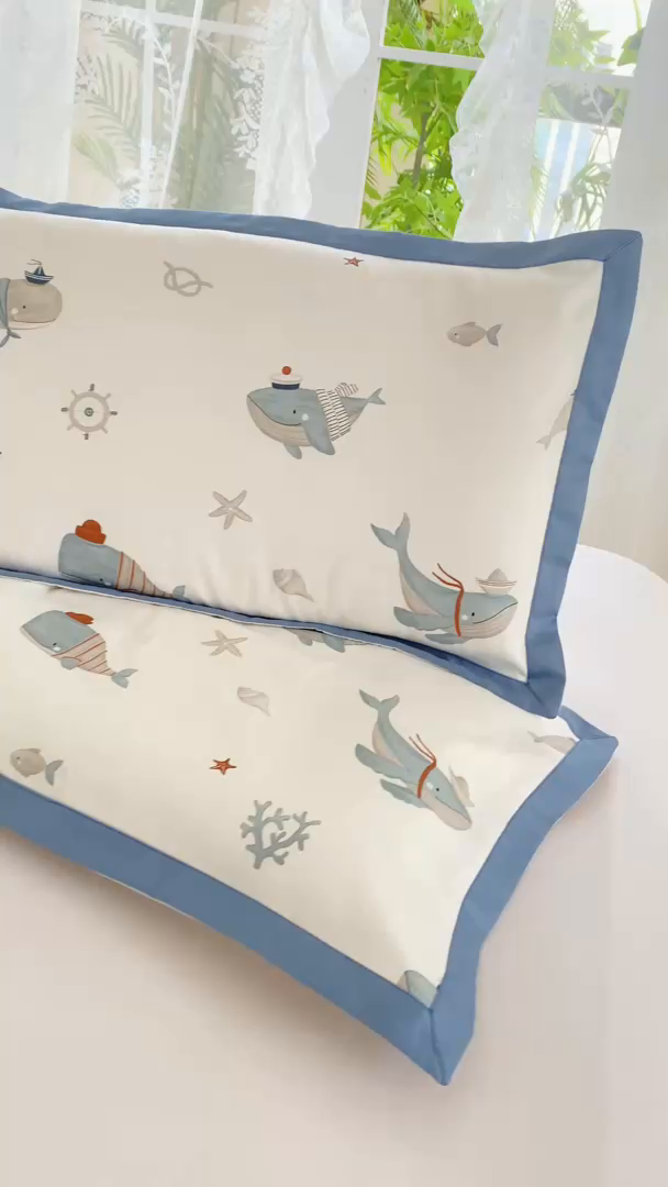 91家纺网 家纺一手货源 找家纺 姝辰 2025新款60S全棉拼角工艺卡通印花学生幼儿园萌趣儿童枕套 深海奇缘