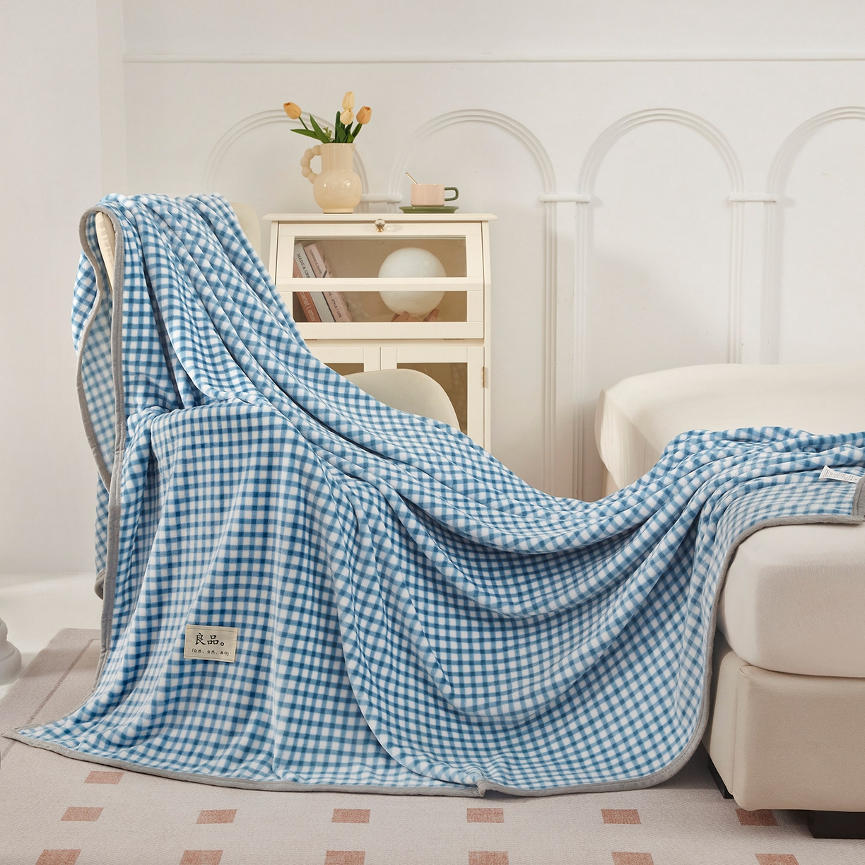91家纺网 家纺一手货源 找家纺 肖恩毯业 2025新款高克重日式良品牛奶绒毛毯盖毯办公室休闲毯跨境专供外贸出口 蓝小格