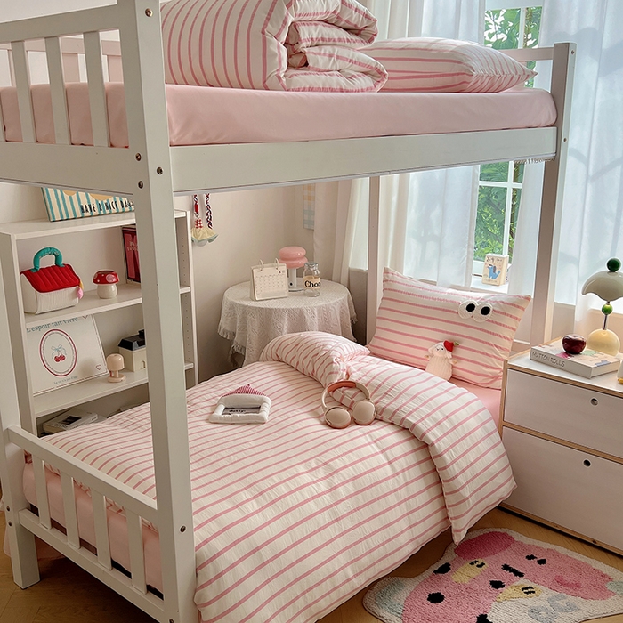 桃心家居 2025新款A类学生床三件套亲肤舒适软糯云柔水洗棉大眼睛毛巾绣混搭格子撞色系列四件套 云柔水洗棉-大眼粉条粉