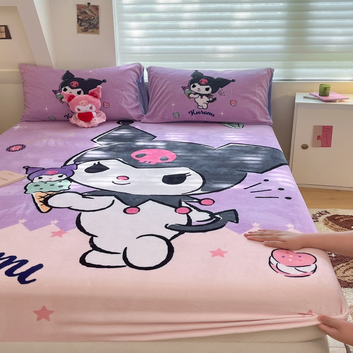 91家纺网 家纺一手货源 找家纺 金爱家 2025新款高克重牛奶绒单品系列保暖床单床笠单件 绒-D冰淇淋甜心库洛米